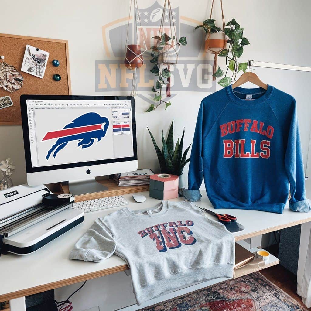 Vintage Buffalo Bills Sweatshirt – The Ultimate Throwback Gear for True Fans! 6 DIY workspace set up for creating a custom vintage NFL sweatshirt.