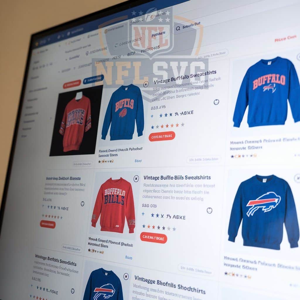 Vintage Buffalo Bills Sweatshirt – The Ultimate Throwback Gear for True Fans! 5 Online shopping interface showing vintage NFL apparel.